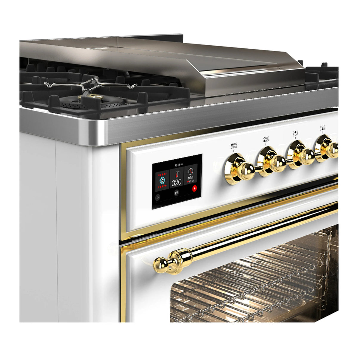 White dual fuel range with brass knobs and open oven cavity showing racks