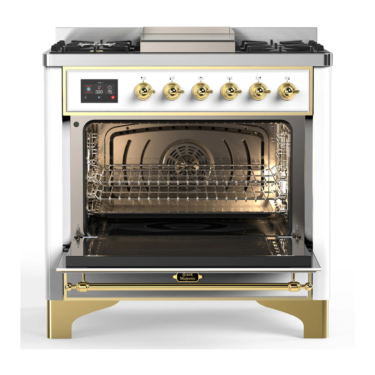 White dual fuel range with burners above and open triple-glass oven door with racks