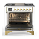 ILVE Majestic III 36-inch Dual Fuel Range with 6 Natural Gas Burner, Griddle and Triple Glass Door Electric Oven in White with Brass Trim (UM36FNR3WHG)