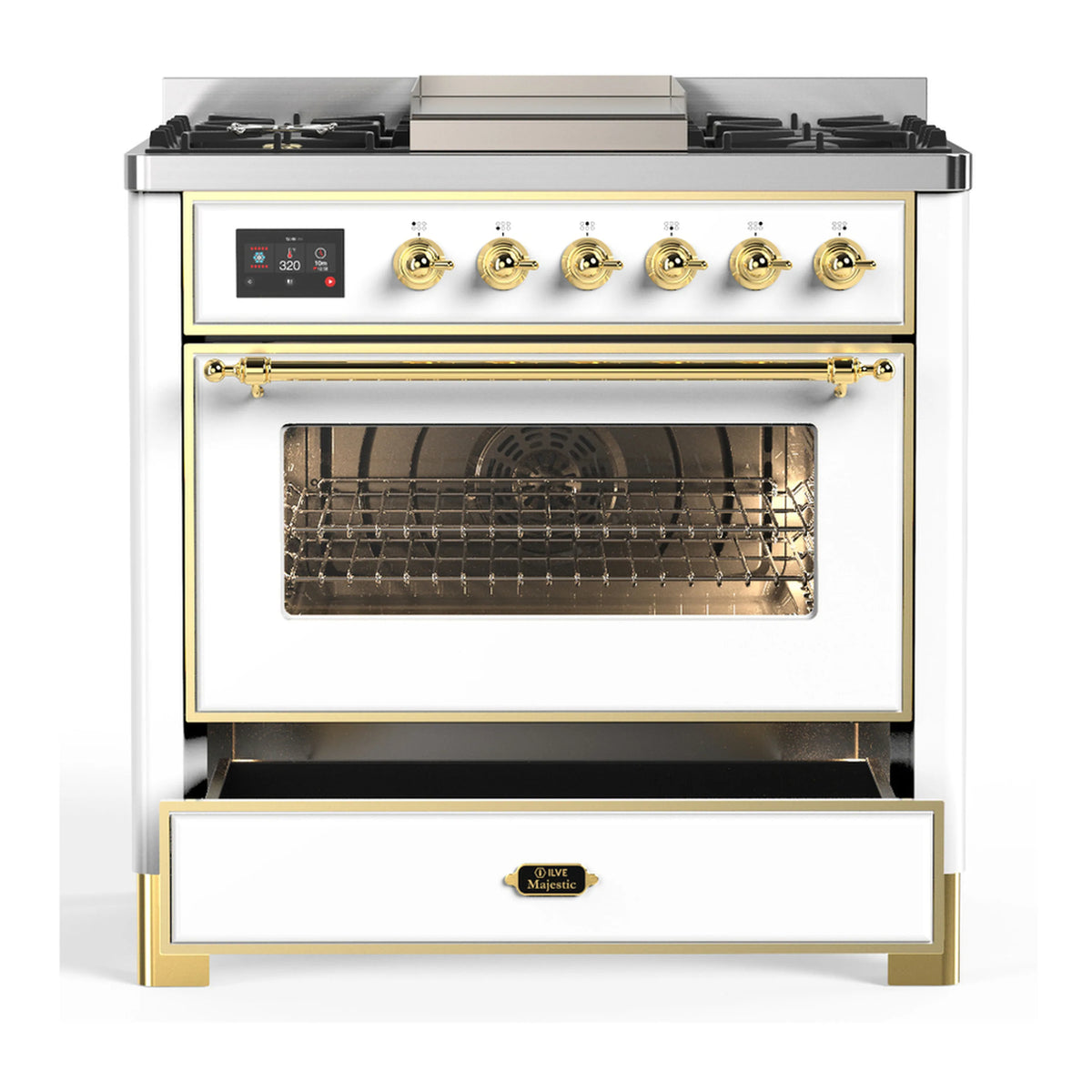 White dual fuel range with brass-trimmed panel, burners, and closed oven door