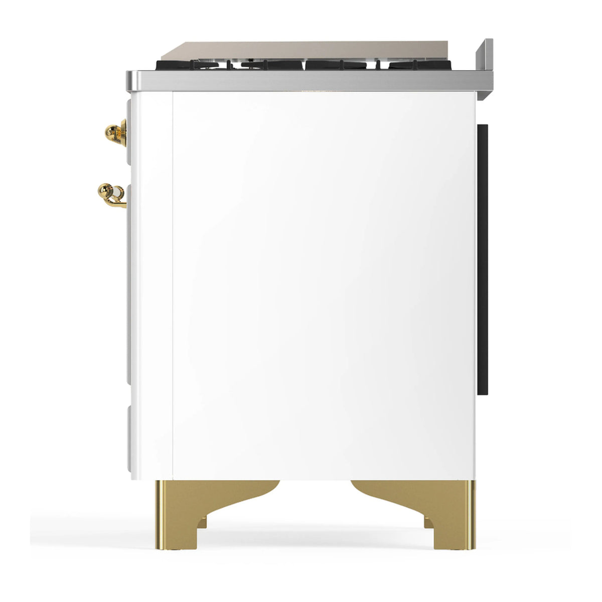 White dual fuel range side view with brass trim and black side panel