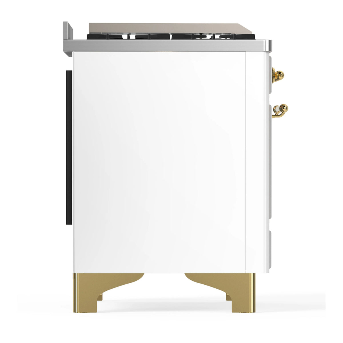 White dual fuel range side view with brass trim and black vertical control strip