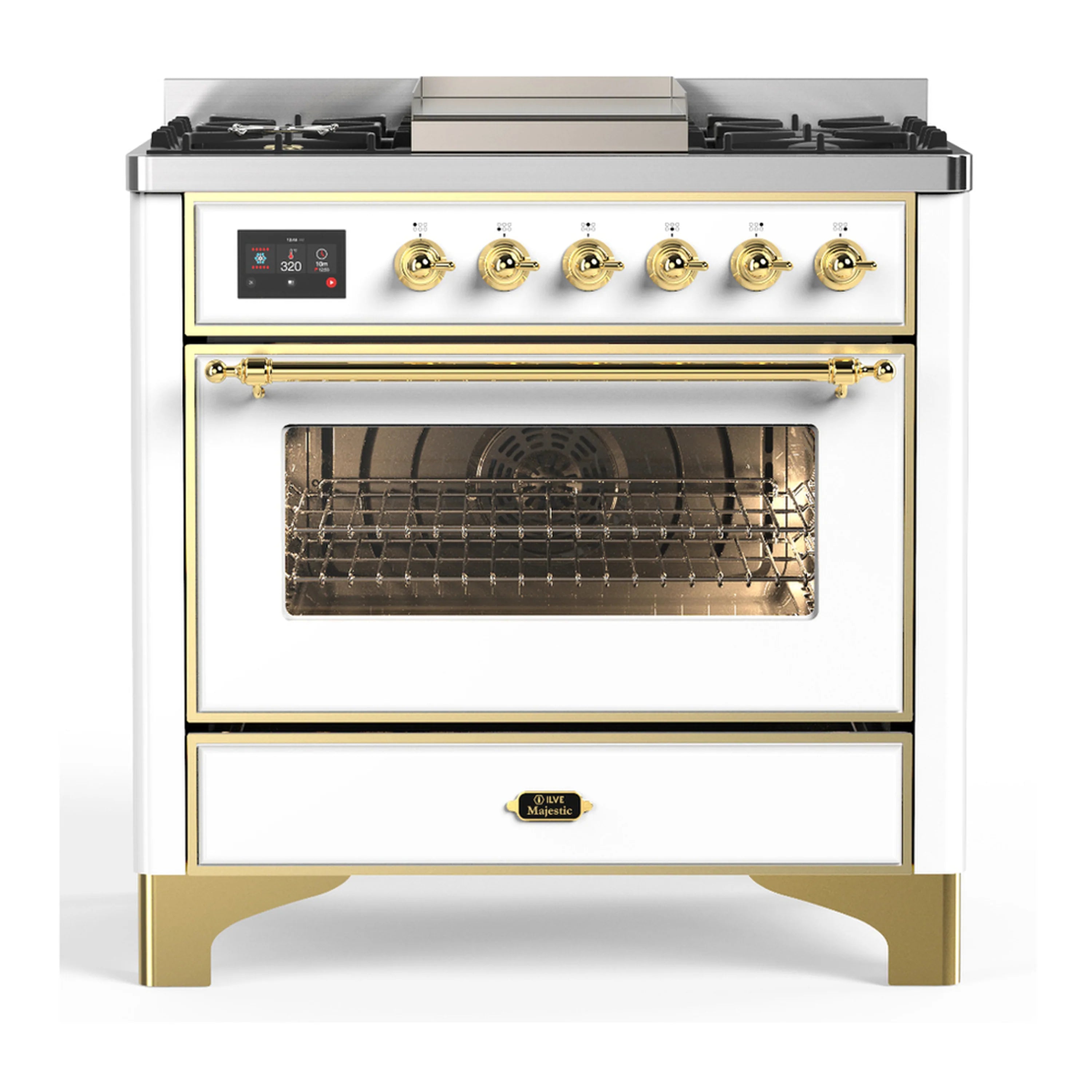 White dual fuel range with brass trim; open oven and four burners plus control panel