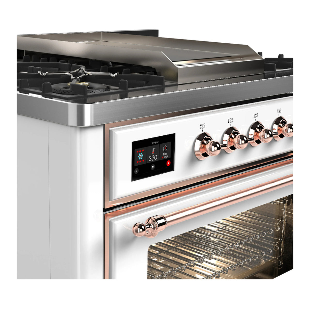 White ILVE dual fuel range with copper trim, burners and griddle, stainless control knobs