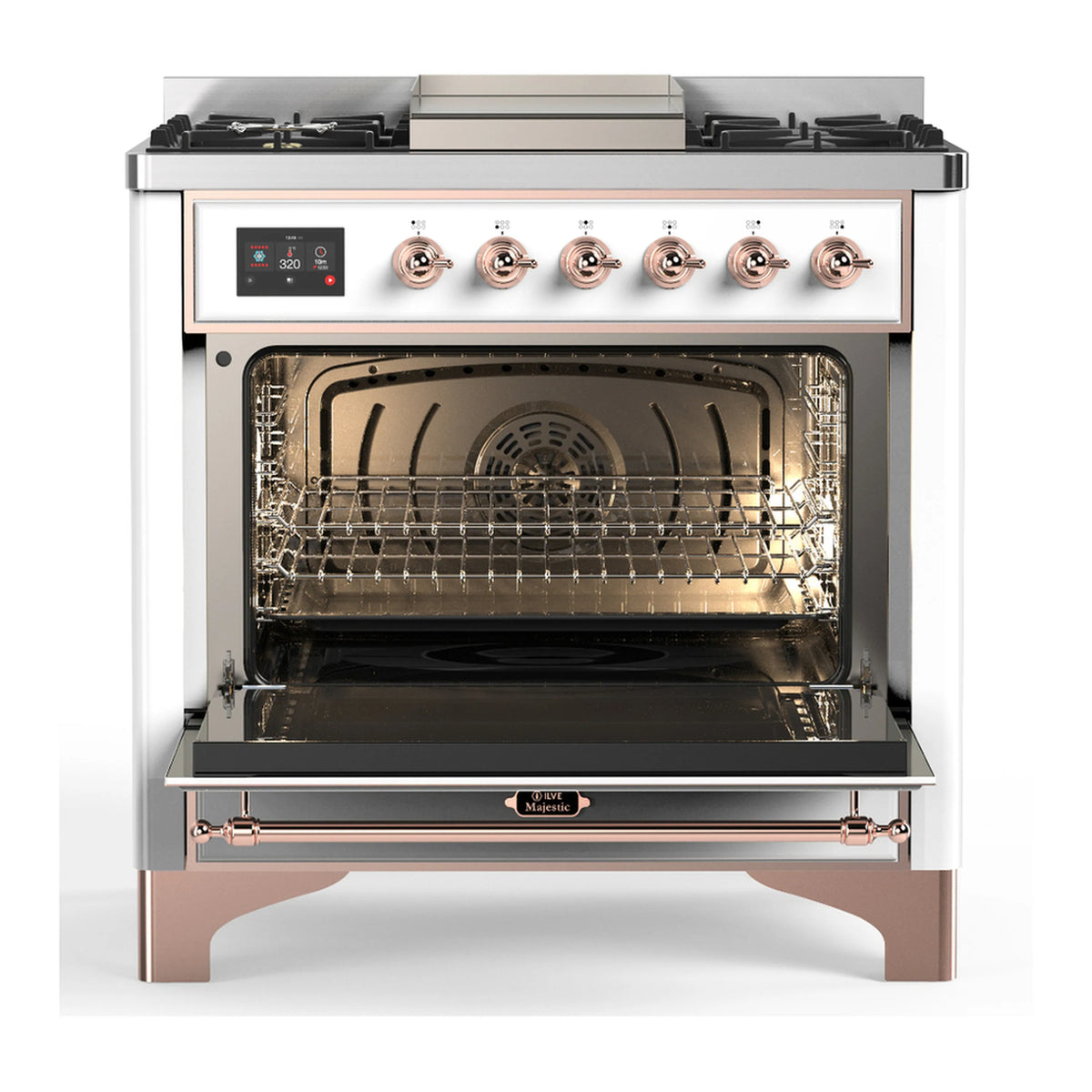 White ILVE dual fuel range with copper trim, open electric oven with racks and heater