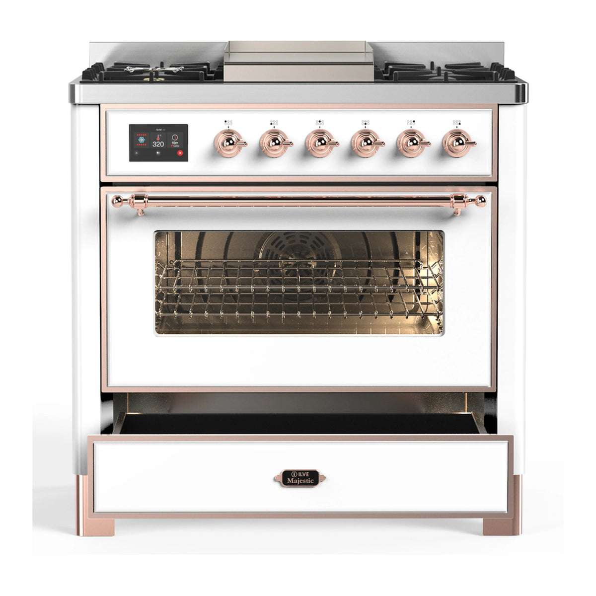 White ILVE dual fuel range with copper trim, oven door closed, and control panel knobs