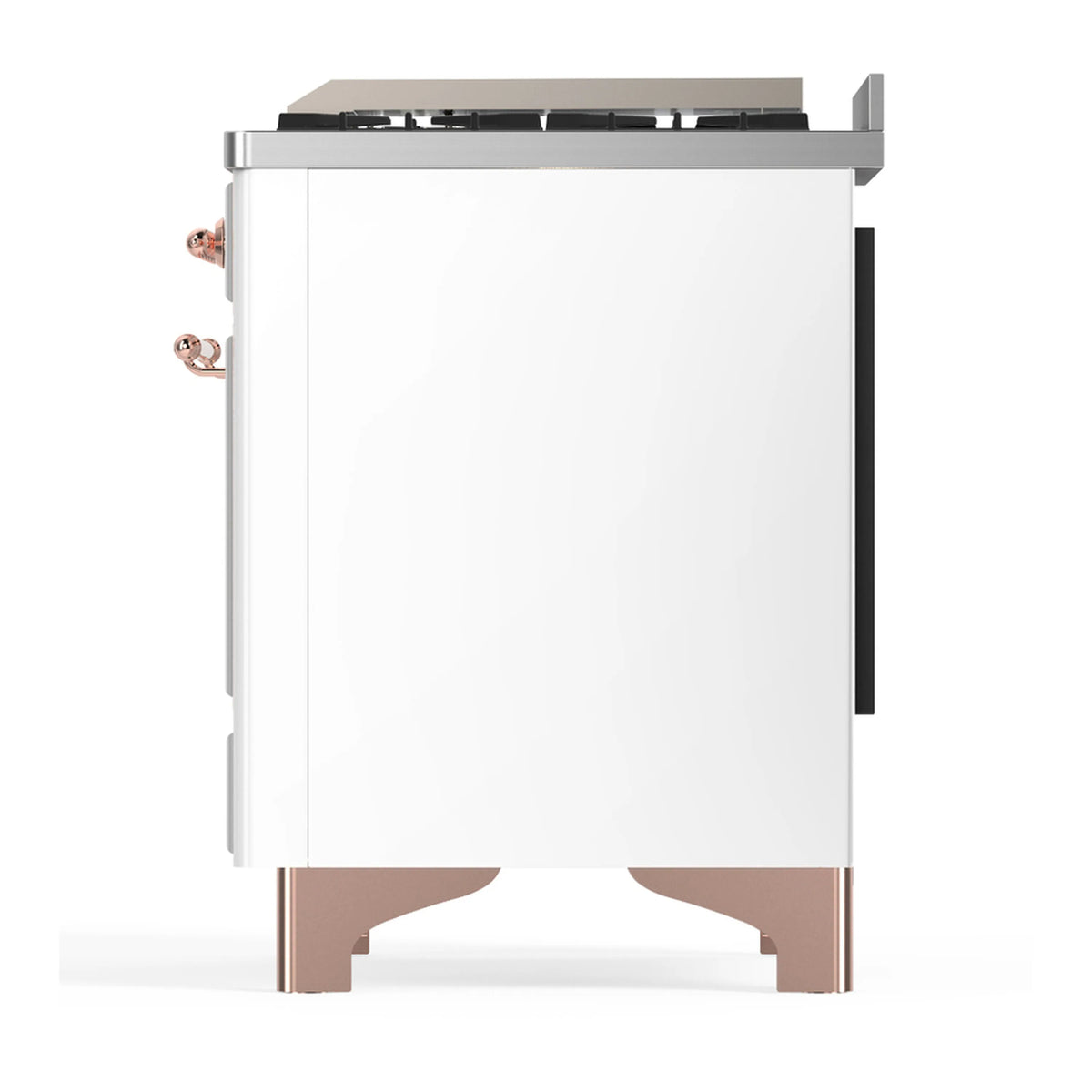 White ILVE dual fuel range side view with copper trim and vented panel