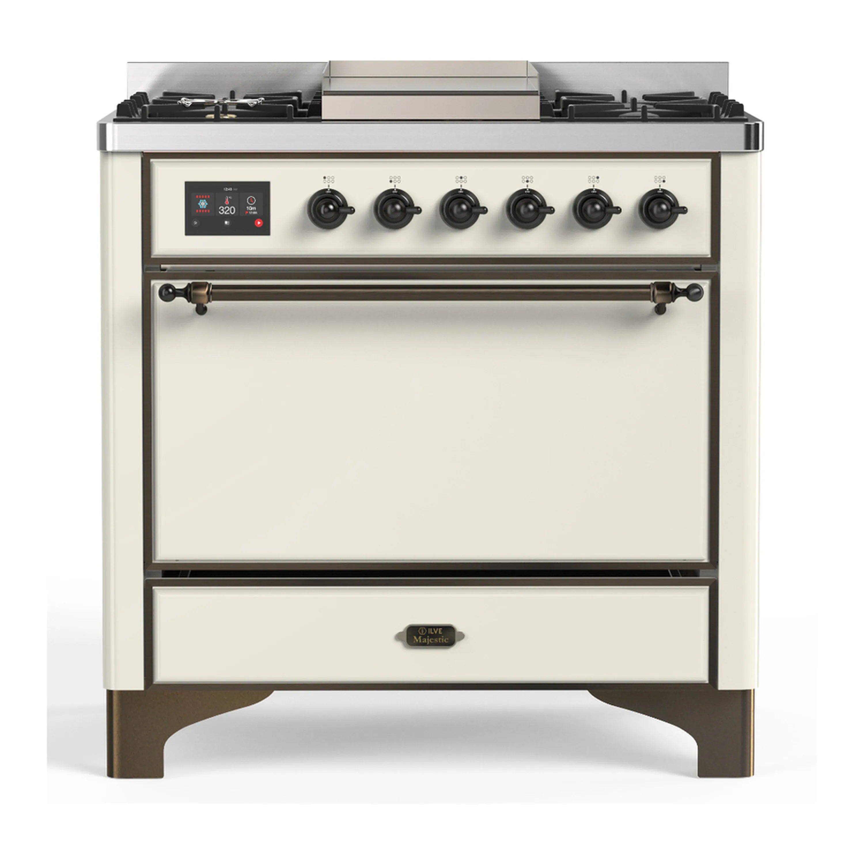 Antique white dual fuel range with 6 gas burners, griddle, and closed solid oven door