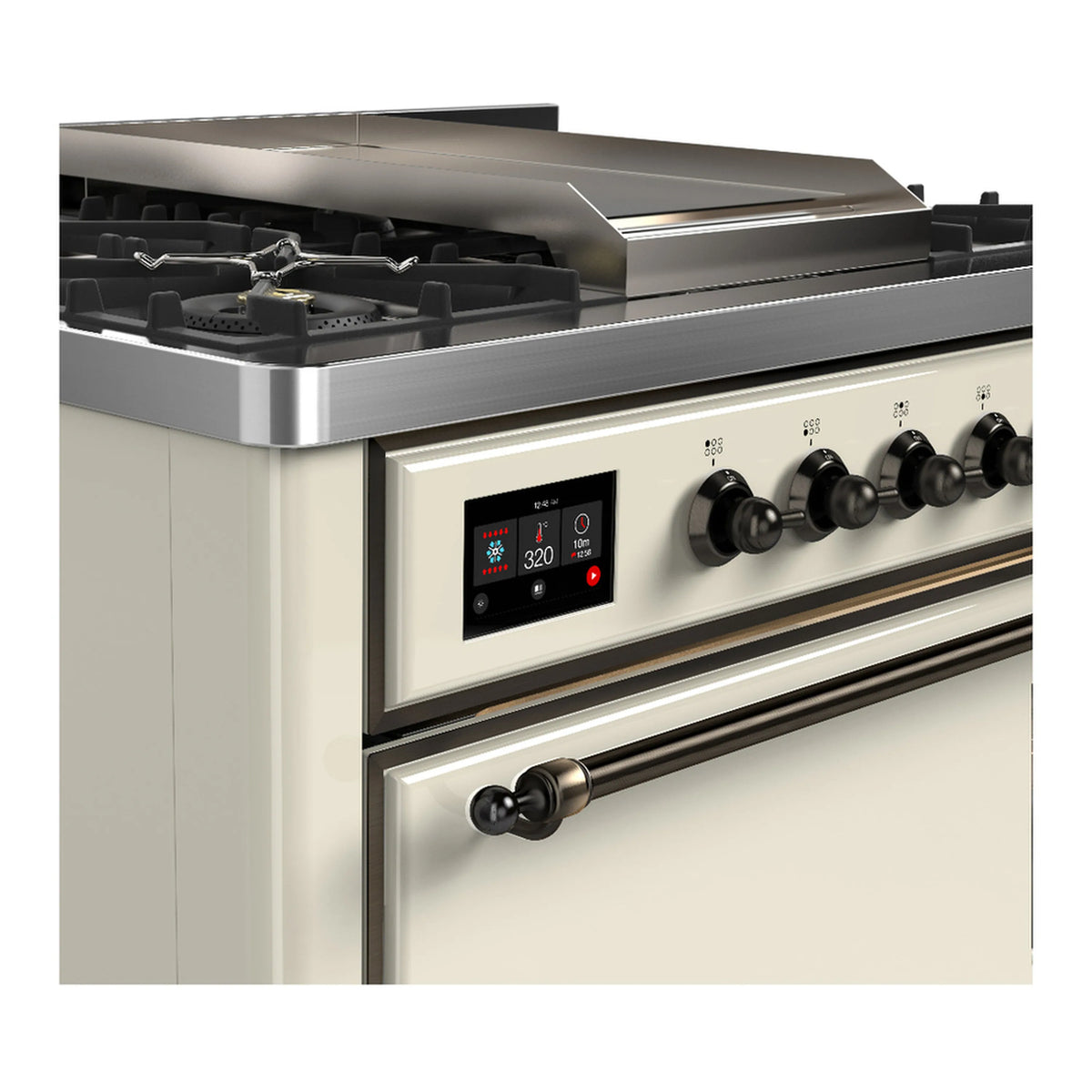 Dual fuel range control panel with display and knobs beside burner grates and griddle