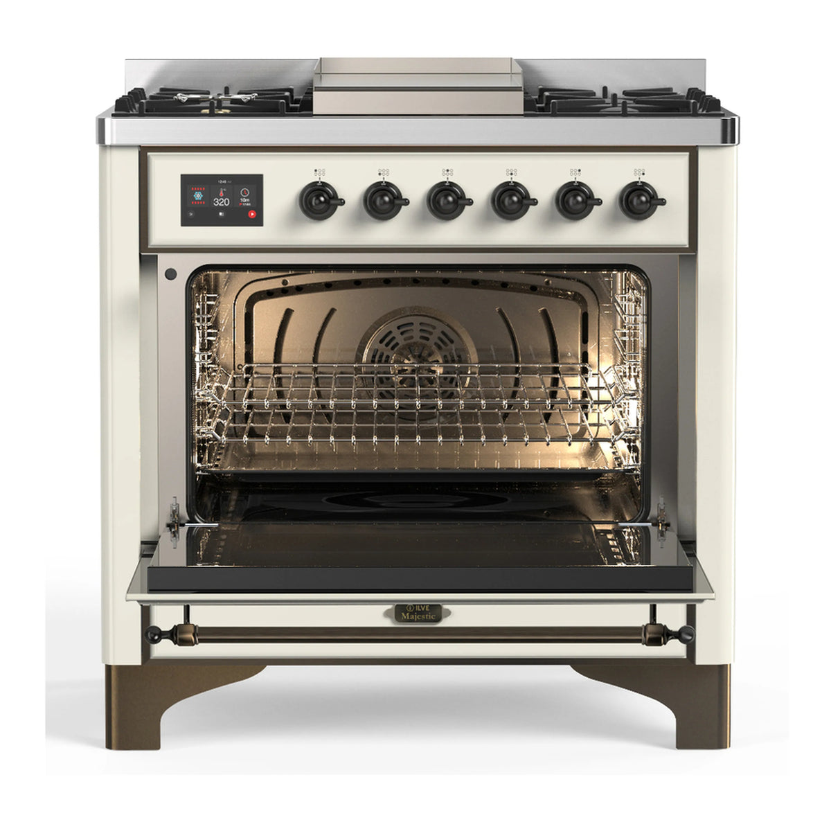 Antique white dual fuel range with open oven door, racks inside, and front gas burner controls