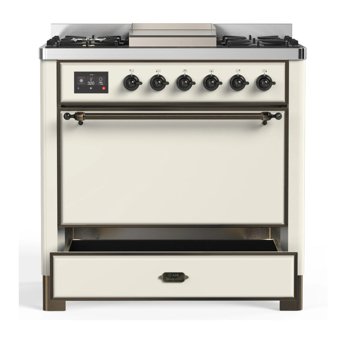 Antique white dual fuel range with solid oven door and lower drawer closed