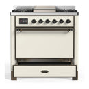 ILVE Majestic III 36-inch Dual Fuel Range with 6 Natural Gas Burner, Griddle and Solid Door Electric Oven in Antique White with Burnished Trim (UM36FQNR3AWB)