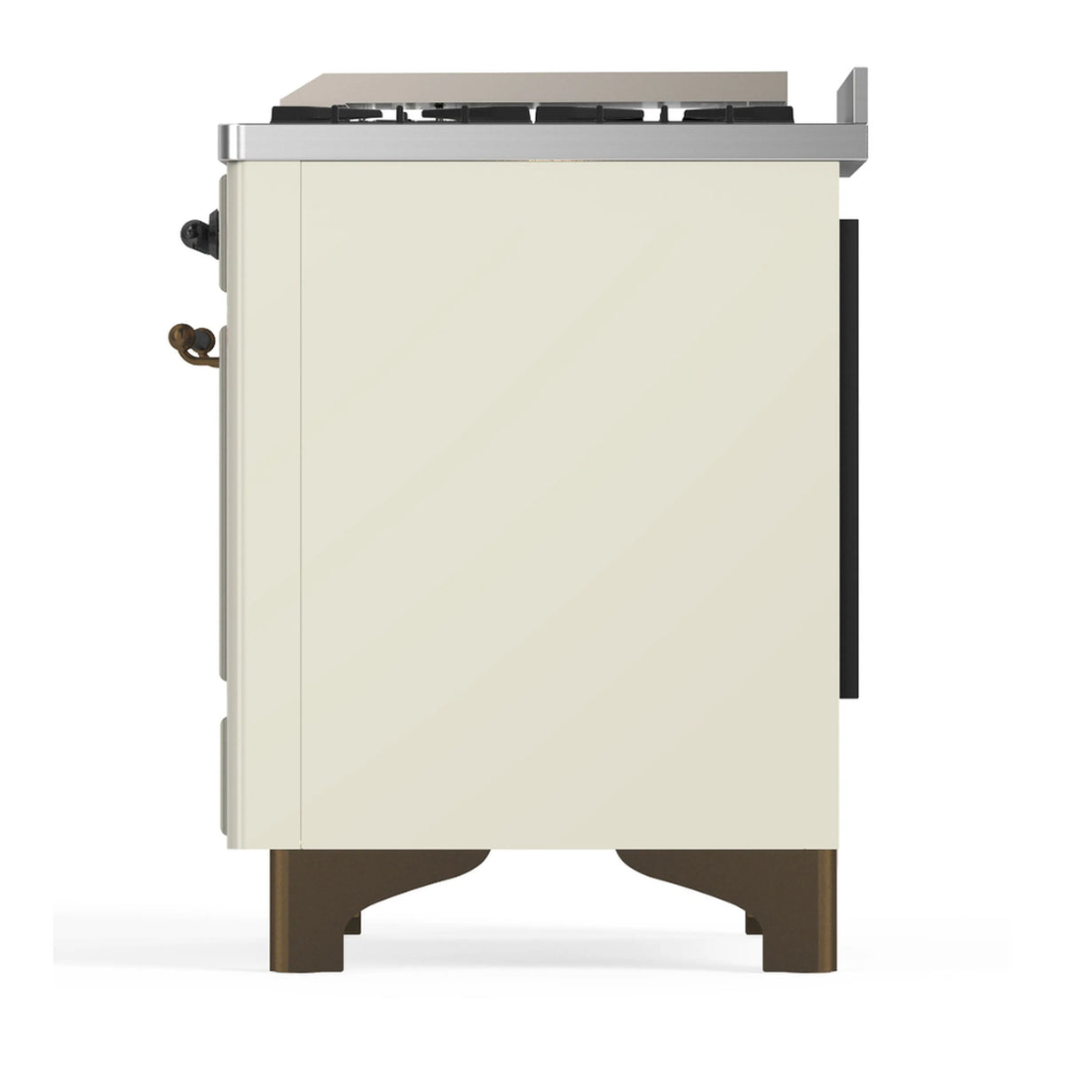 ILVE dual fuel range left side panel in antique white with side controls