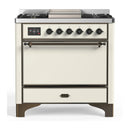 ILVE Majestic III 36-inch Dual Fuel Range with 5 Liquid Propane Burner, Griddle and Solid Door Electric Oven in Antique White with Burnished Trim (UM36FQNR3AWBLP)