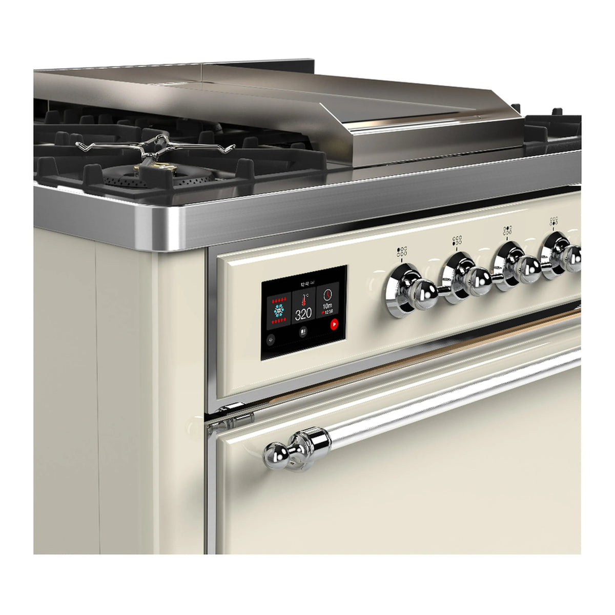 Antique white range control panel with digital display and chrome knobs beside cooktop burners