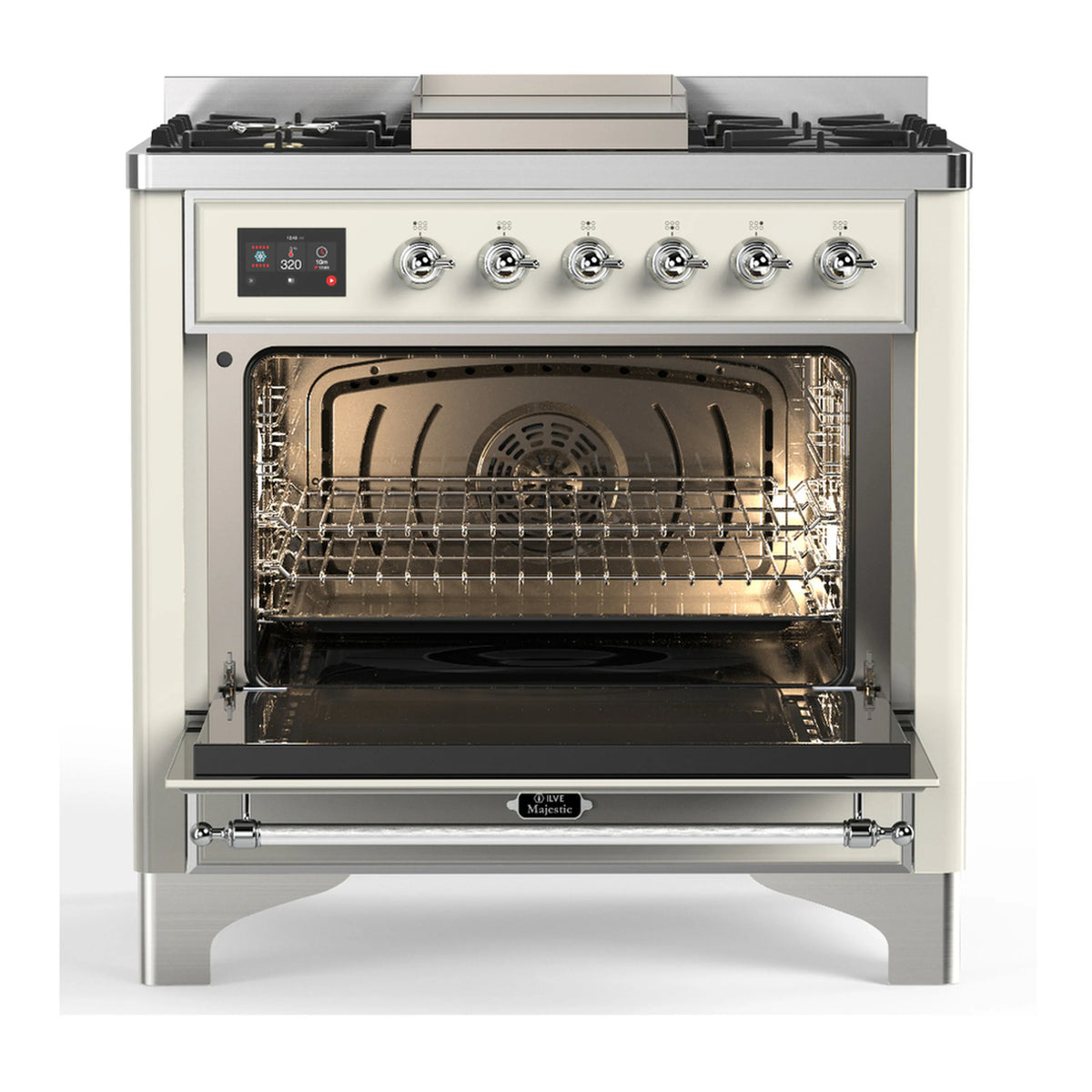 Antique white dual fuel range with open electric oven door and wire rack interior