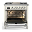 ILVE Majestic III 36-inch Dual Fuel Range with 6 Natural Gas Burner, Griddle and Solid Door Electric Oven in Antique White with Chrome Trim (UM36FQNR3AWC)