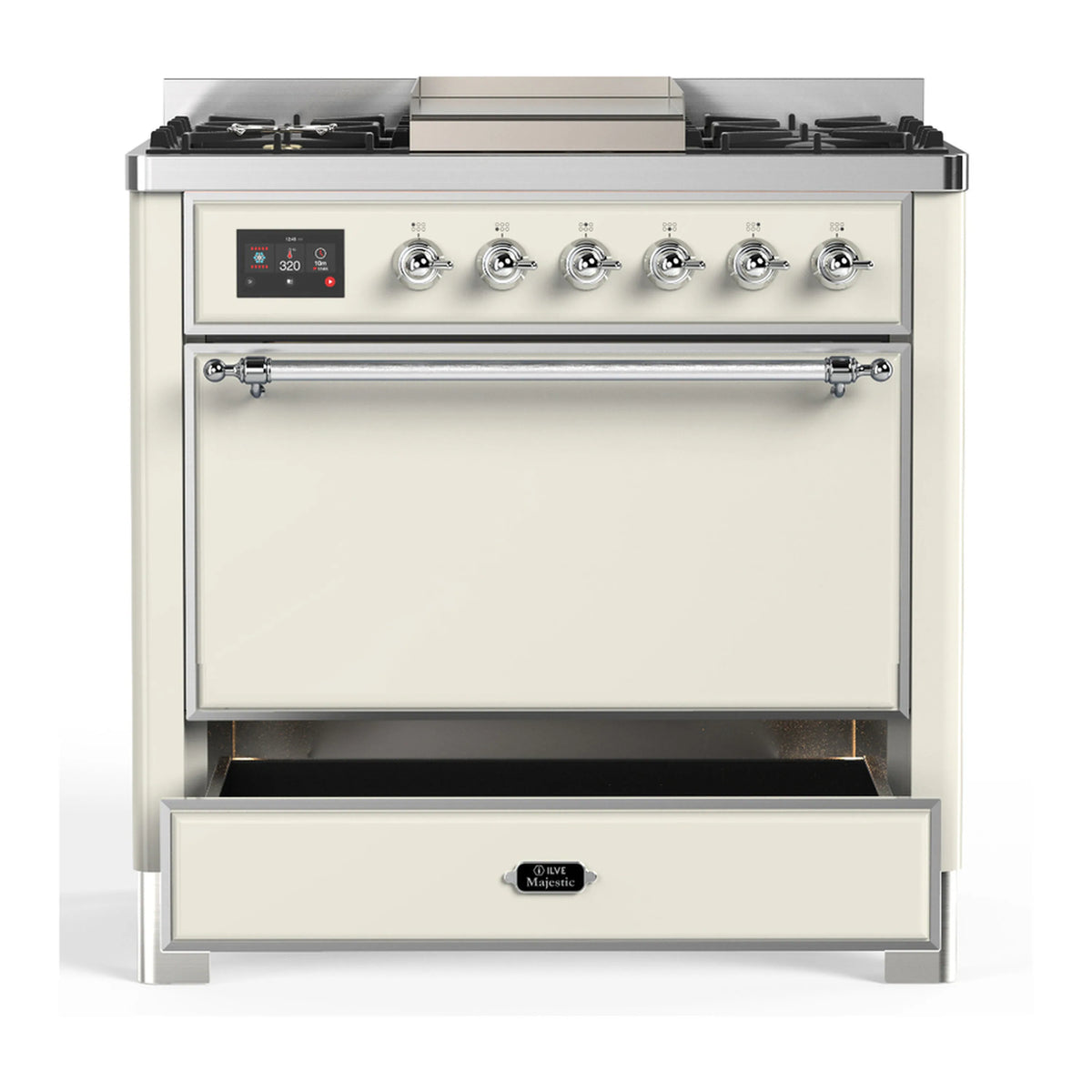 Antique white dual fuel range with open oven drawer and chrome bar handle
