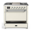 ILVE Majestic III 36-inch Dual Fuel Range with 6 Natural Gas Burner, Griddle and Solid Door Electric Oven in Antique White with Chrome Trim (UM36FQNR3AWC)