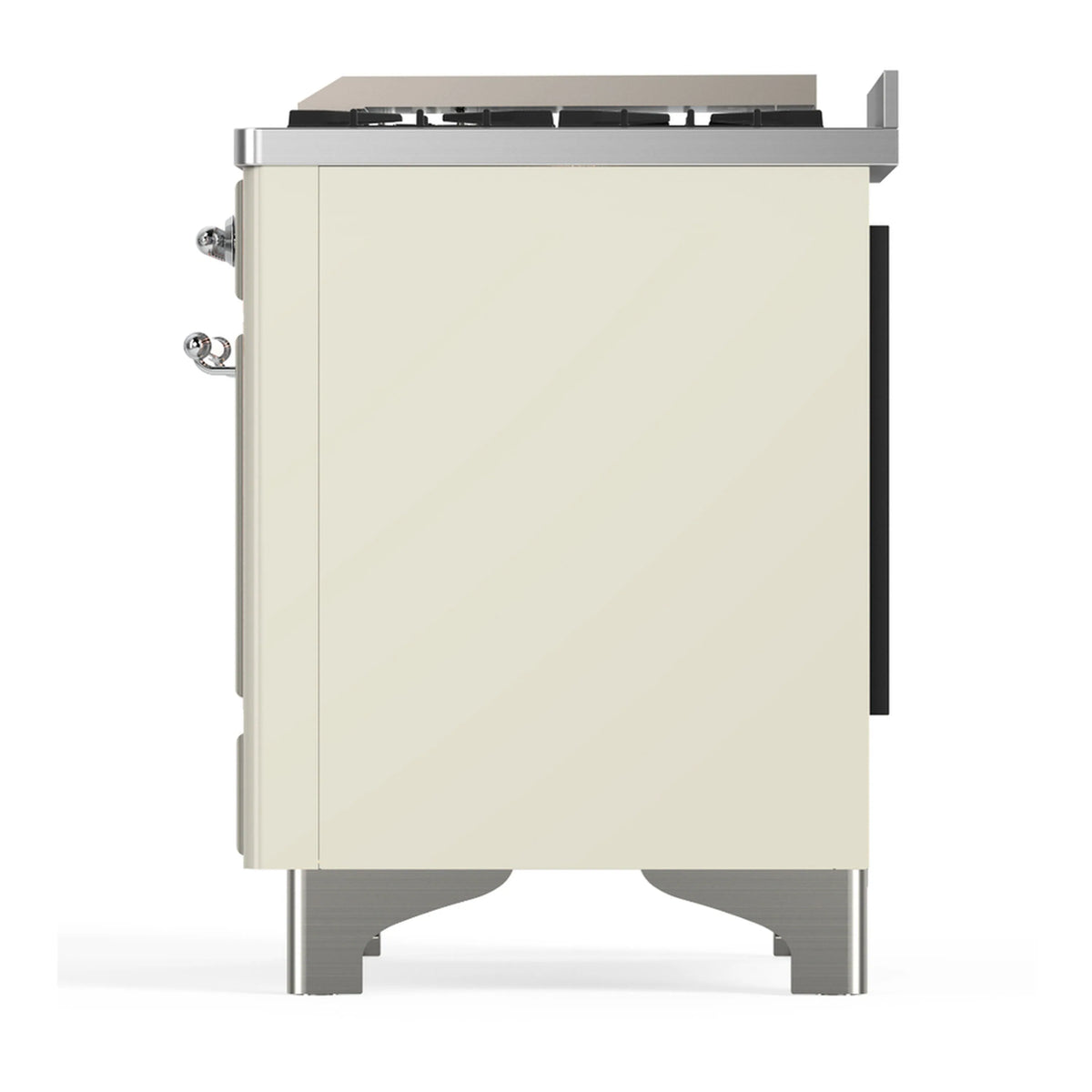 Antique white side view of dual fuel range with chrome trim and burner cooktop edge