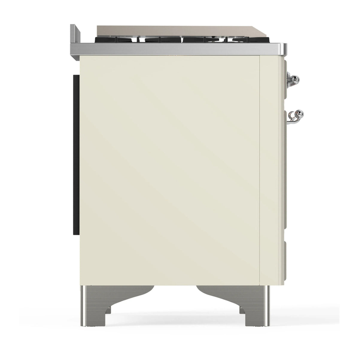 Antique white dual fuel range rear side view with chrome accents and handle