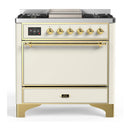ILVE Majestic III 36-inch Dual Fuel Range with 6 Natural Gas Burner, Griddle and Solid Door Electric Oven in Antique White with Brass Trim (UM36FQNR3AWG)