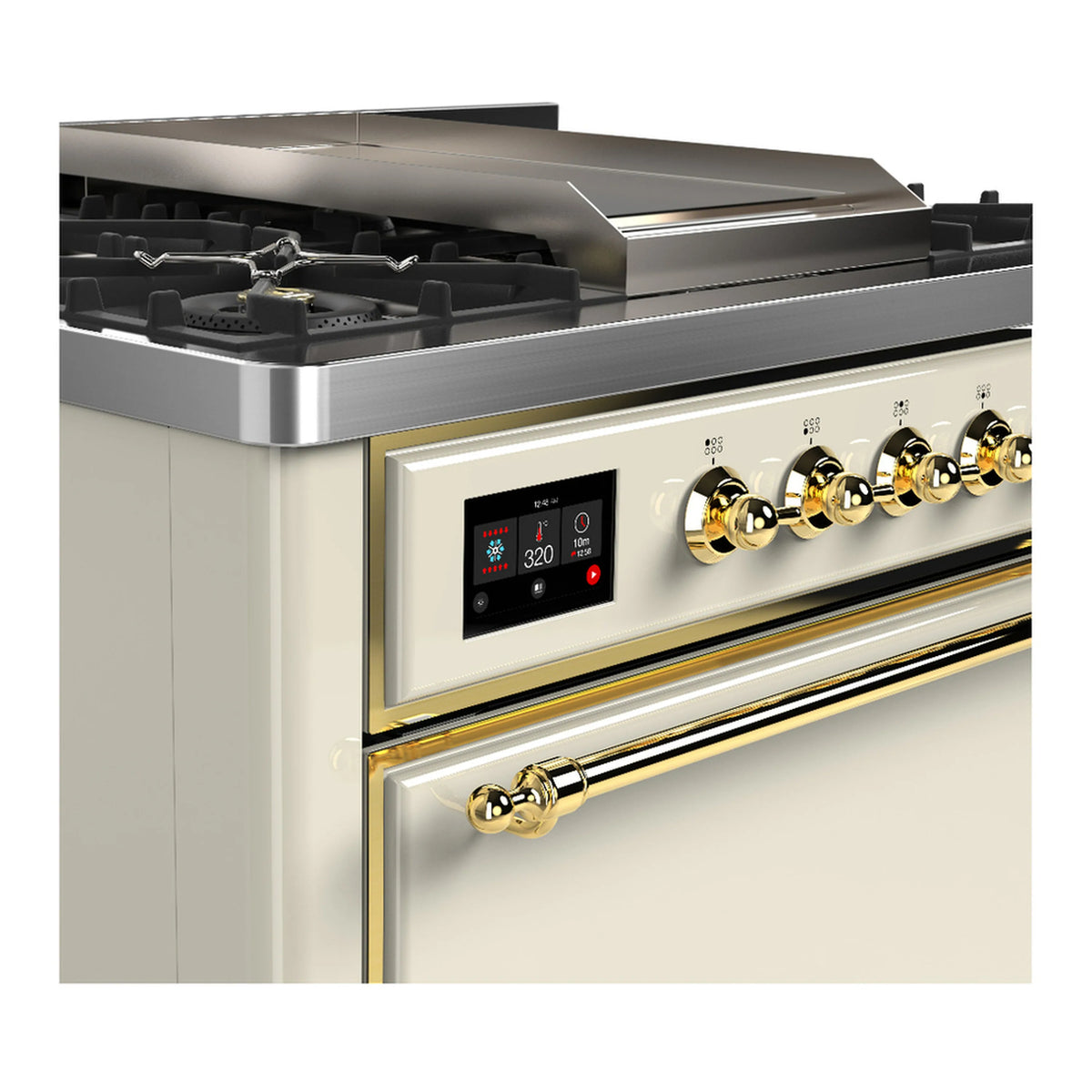Antique white range side view with brass control knobs and griddle lid