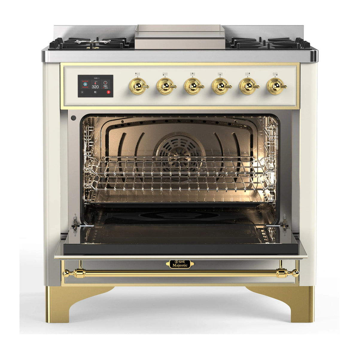Antique white dual fuel range with oven door open showing racks and interior cavity