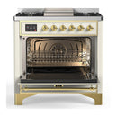ILVE Majestic III 36-inch Dual Fuel Range with 5 Liquid Propane Burner, Griddle and Solid Door Electric Oven in Antique White with Brass Trim (UM36FQNR3AWGLP)