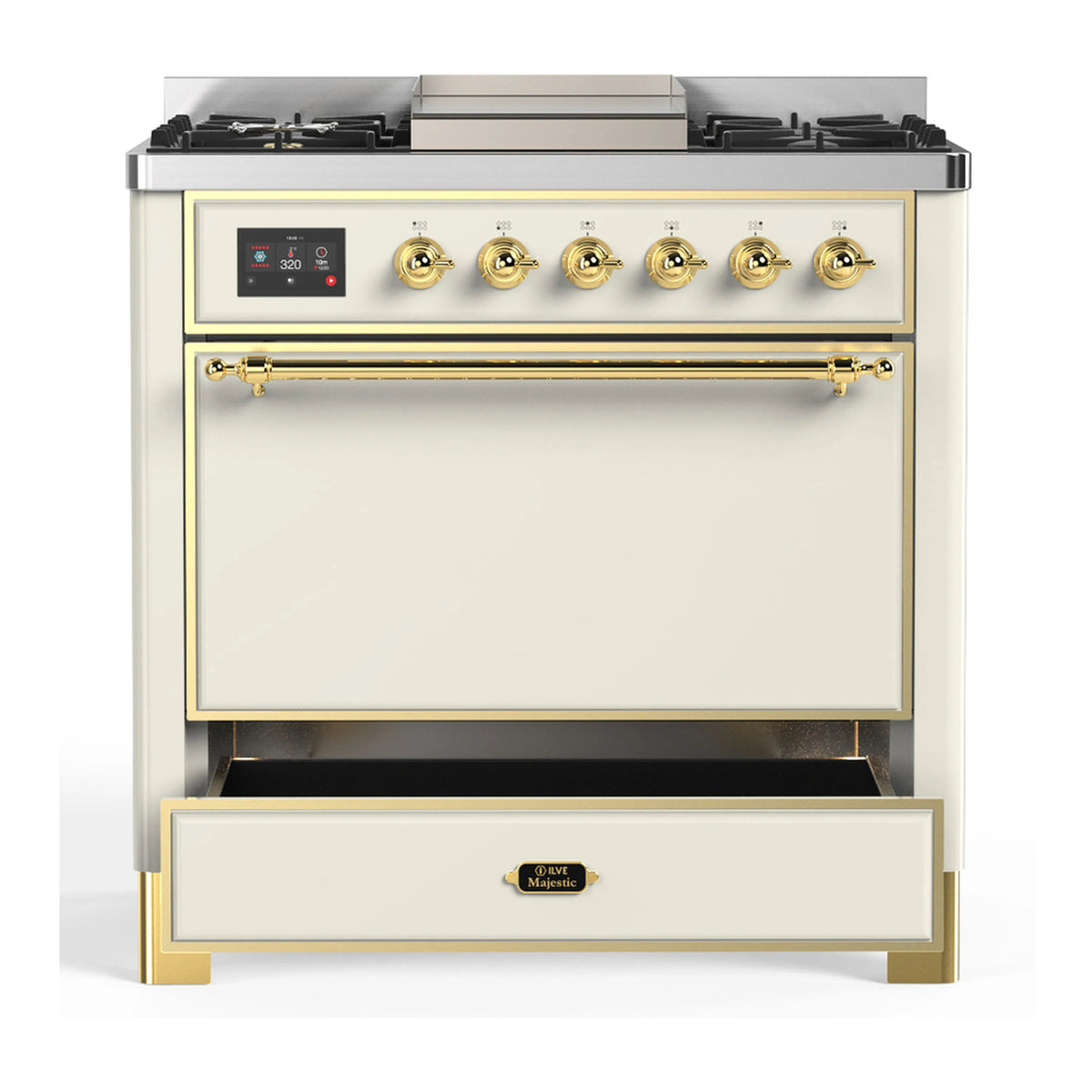 Antique white dual fuel range front with brass-trim oven door and control panel