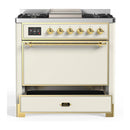 ILVE Majestic III 36-inch Dual Fuel Range with 5 Liquid Propane Burner, Griddle and Solid Door Electric Oven in Antique White with Brass Trim (UM36FQNR3AWGLP)