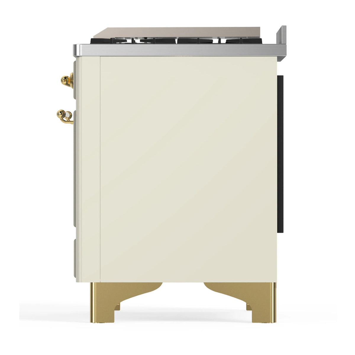 Antique white dual fuel range side view with brass feet and black rear cover