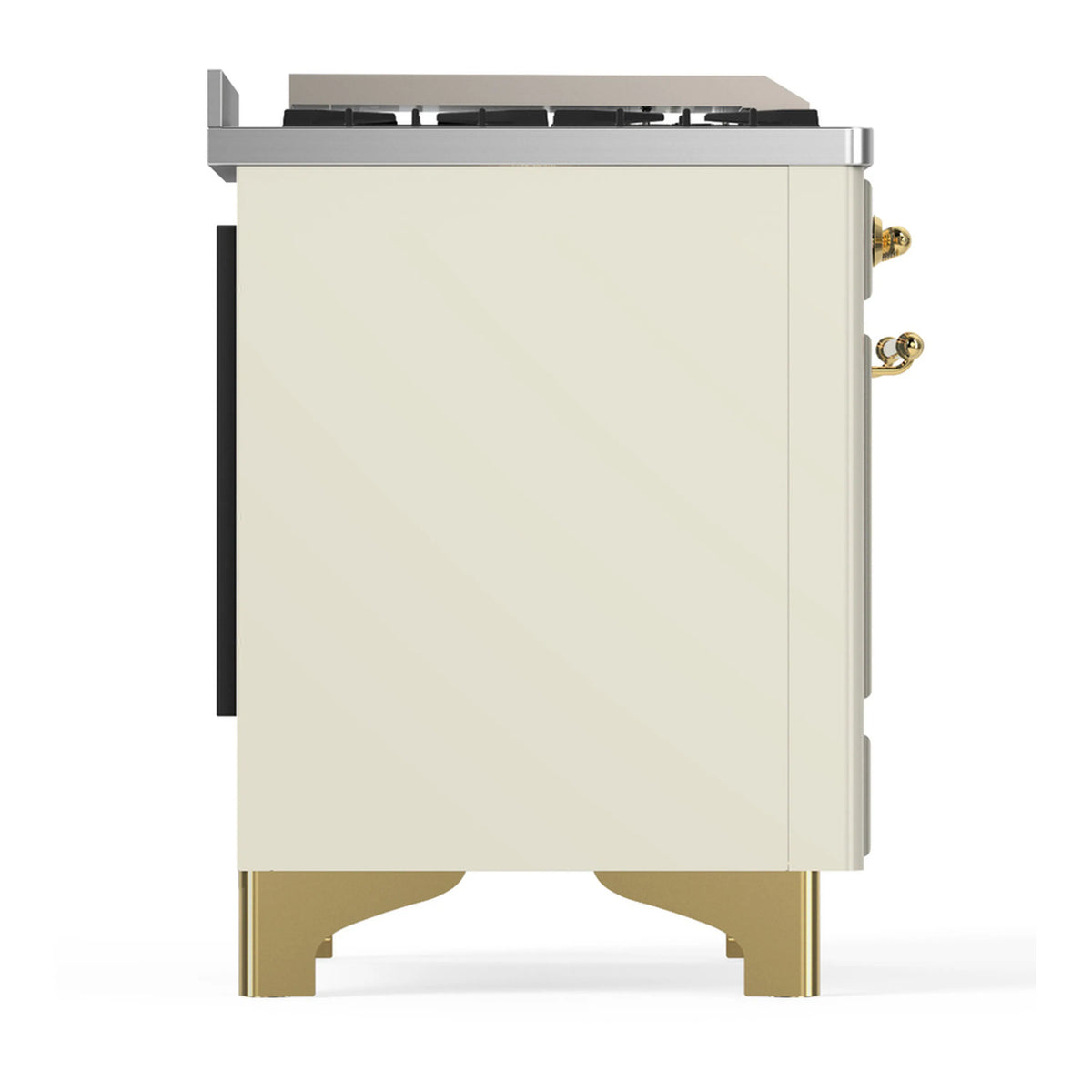 Antique white dual fuel range rear side view with brass feet and black side panel