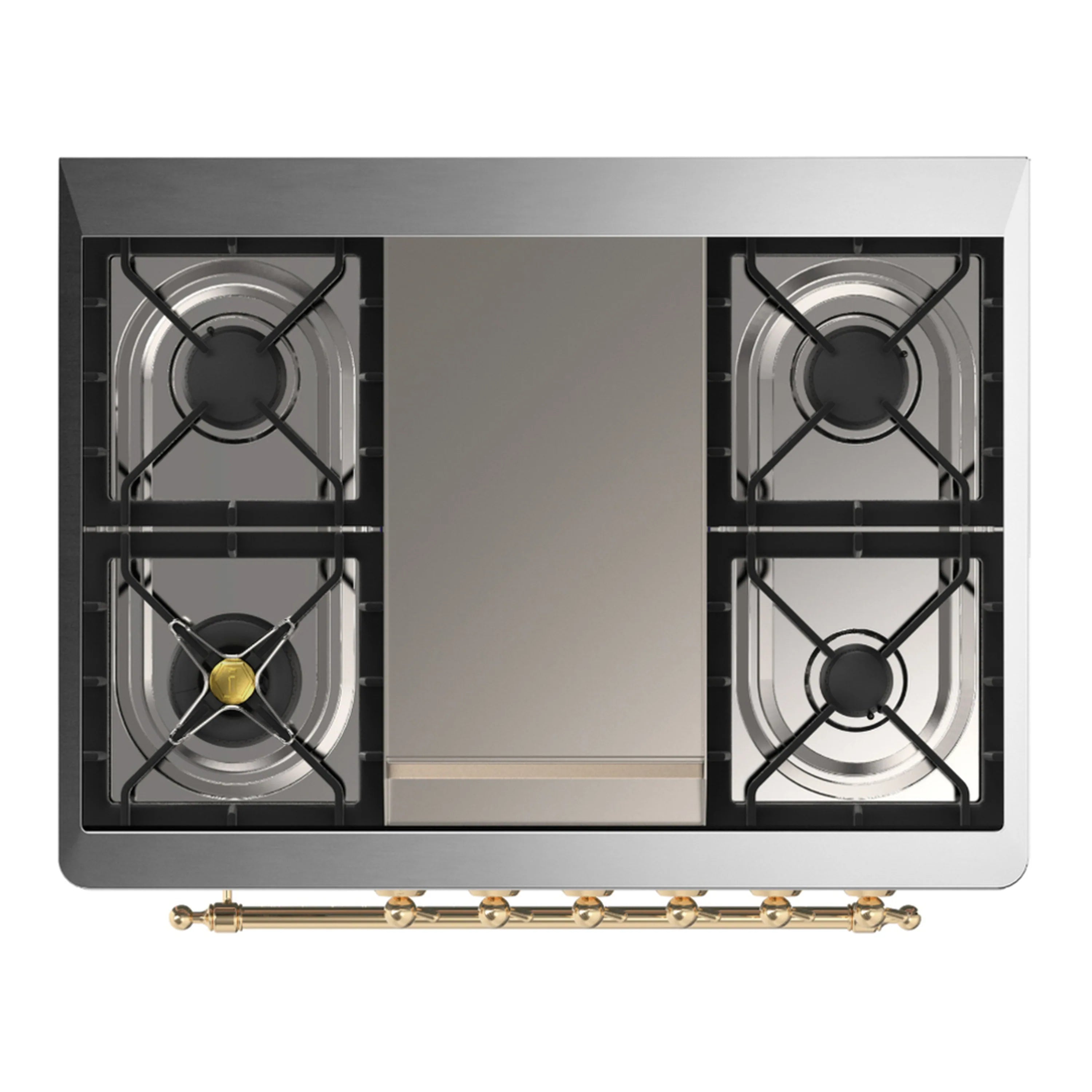 Antique white cooktop with two cast-iron burners and brass gas rail