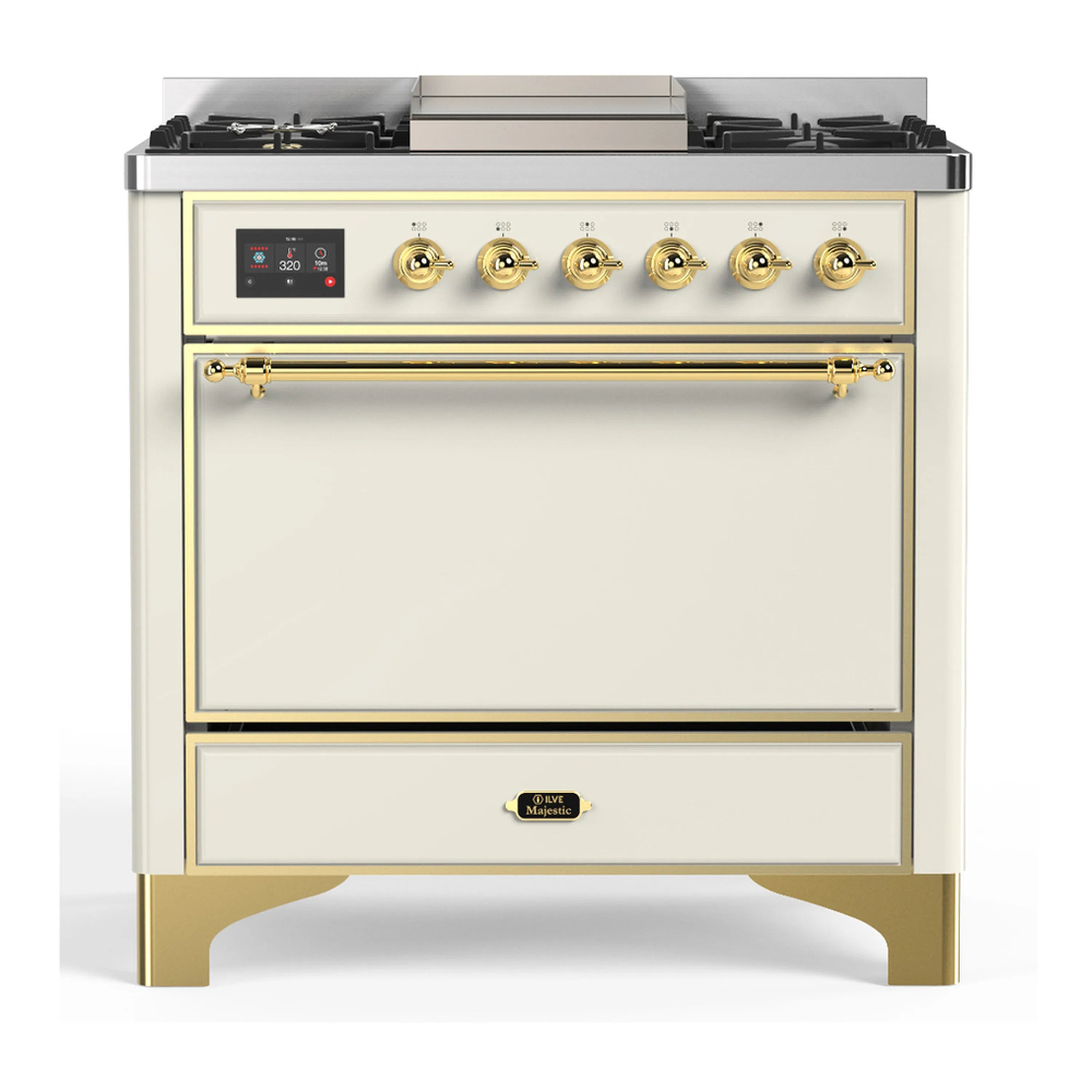 Antique white dual fuel range with 5 burners, brass-trim knobs and griddle