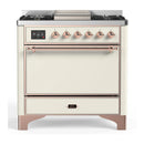 ILVE Majestic III 36-inch Dual Fuel Range with 6 Natural Gas Burner, Griddle and Solid Door Electric Oven in Antique White with Copper Trim (UM36FQNR3AWP)