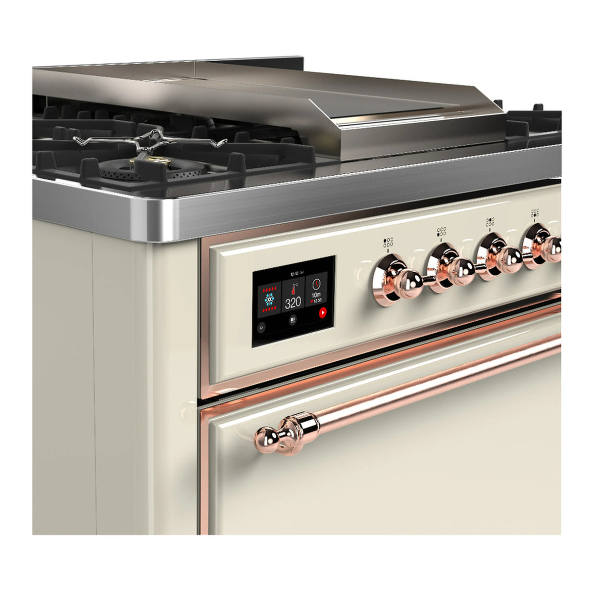 Antique white dual fuel range corner view with copper control knobs and display panel