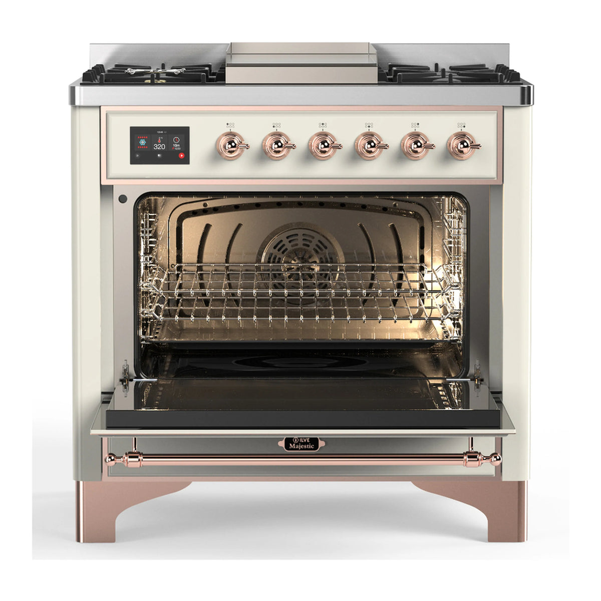 Antique white dual fuel range with copper trim, oven door open, and warming interior racks