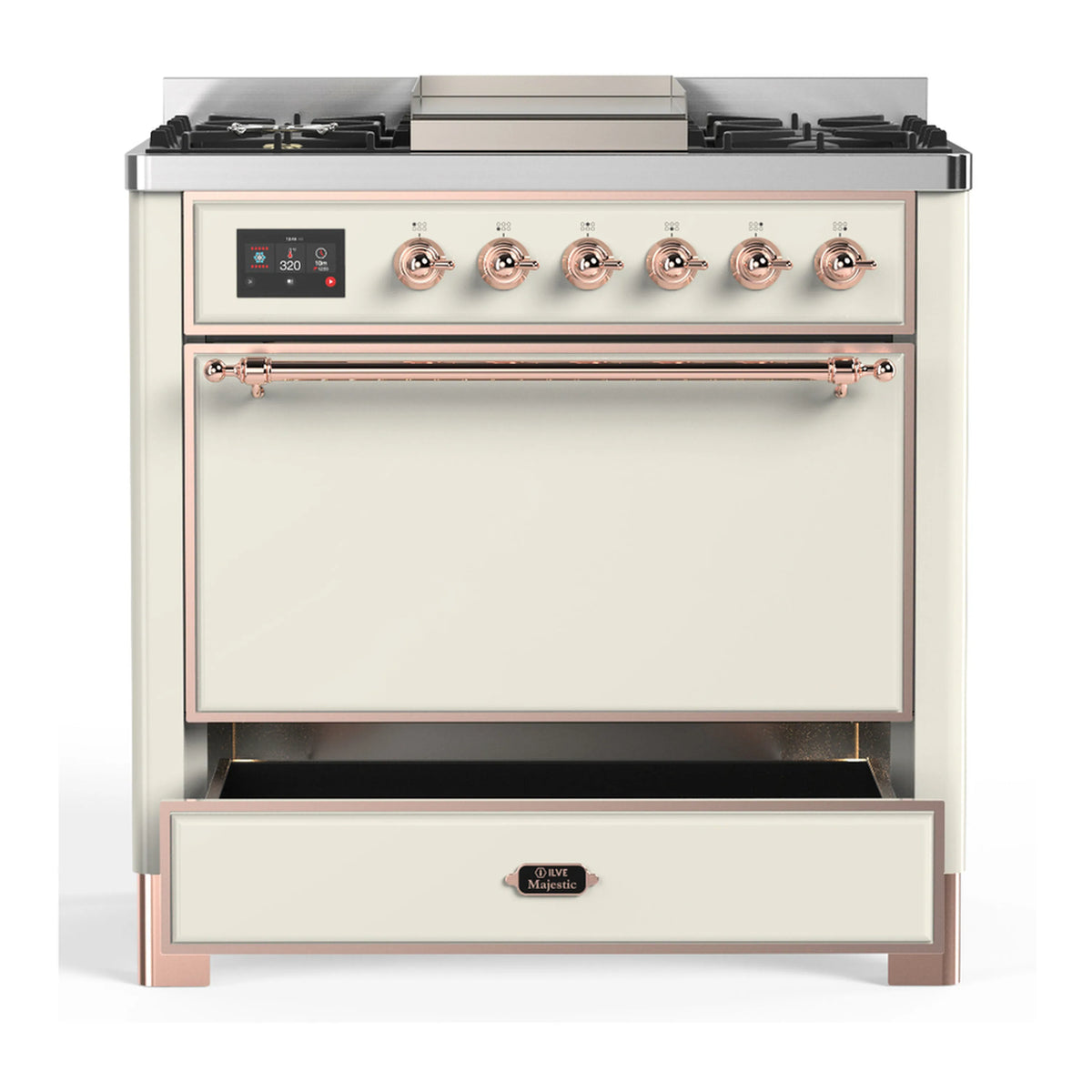 Antique white dual fuel range with copper trim, oven door closed, and 5 front control knobs