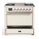 ILVE Majestic III 36-inch Dual Fuel Range with 6 Natural Gas Burner, Griddle and Solid Door Electric Oven in Antique White with Copper Trim (UM36FQNR3AWP)