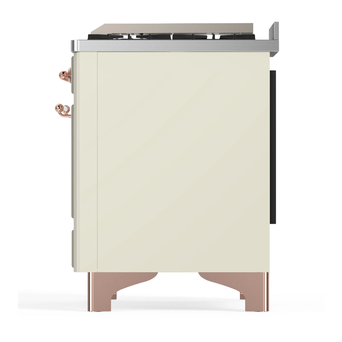 Antique white range with rear side panels and copper gas fittings at the edge