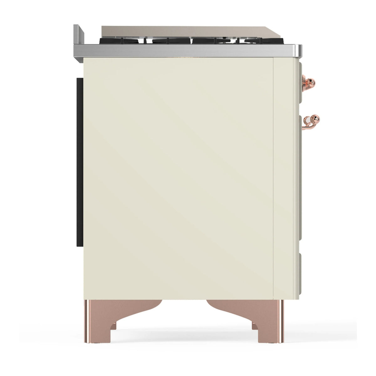 Antique white dual fuel range rear quarter view with copper fittings and black side panel