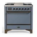 ILVE Majestic III 36-inch Dual Fuel Range with 6 Natural Gas Burner, Griddle and Solid Door Electric Oven in Blue Grey with Burnished Trim (UM36FQNR3BGB)