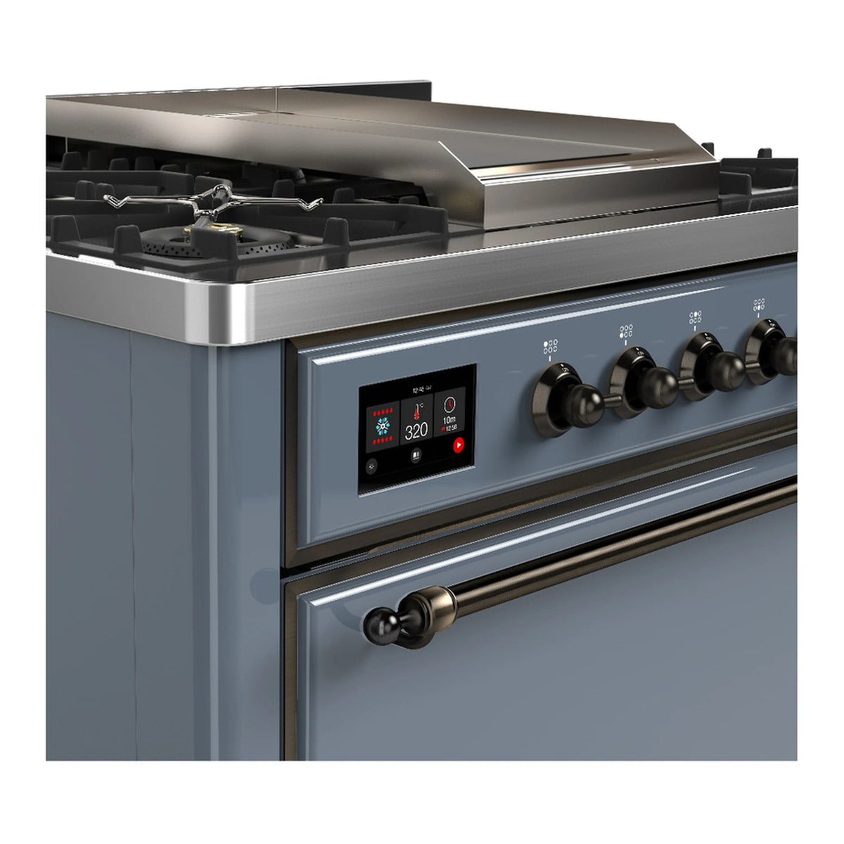 Blue-grey range control panel with digital display and black burner knobs, oven door below