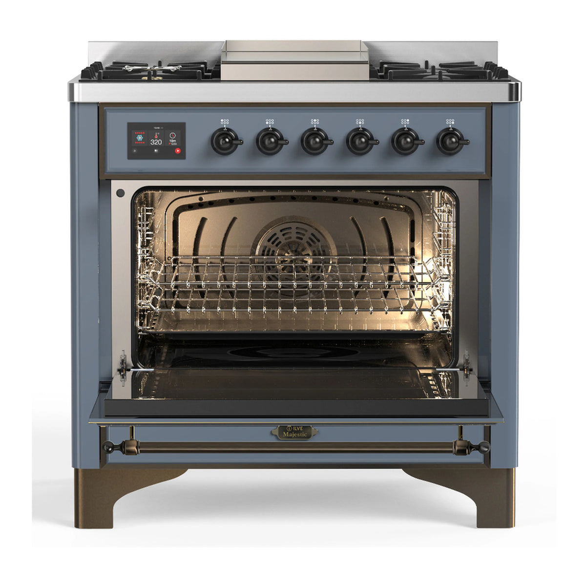 Blue-grey electric oven with open door showing wire racks and baking cavity.