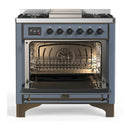 ILVE Majestic III 36-inch Dual Fuel Range with 5 Liquid Propane Burner, Griddle and Solid Door Electric Oven in Blue Grey with Burnished Trim (UM36FQNR3BGBLP)
