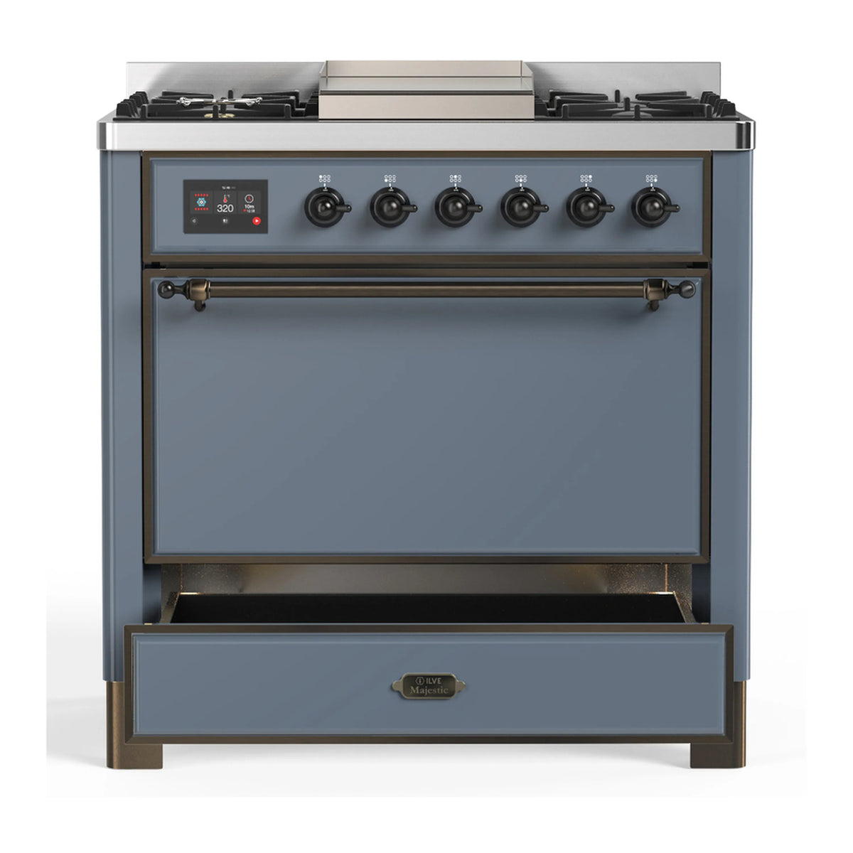 Blue-grey dual fuel range with closed oven door, front control panel, and burner knobs