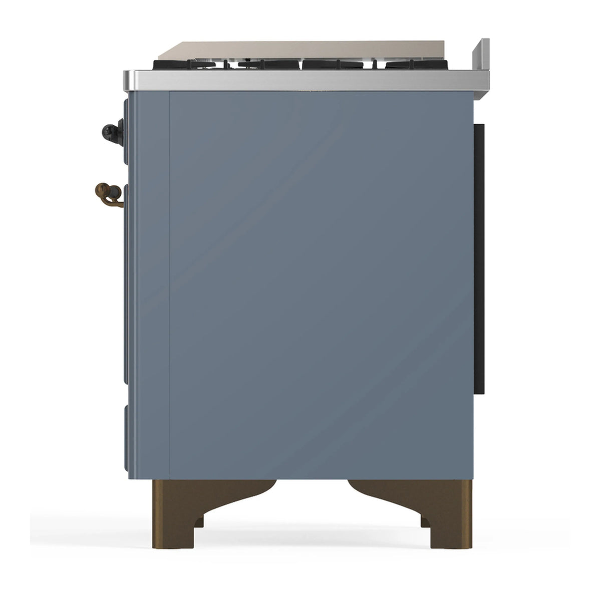 Blue-grey side view of dual fuel range with stainless top and burnished metal trim
