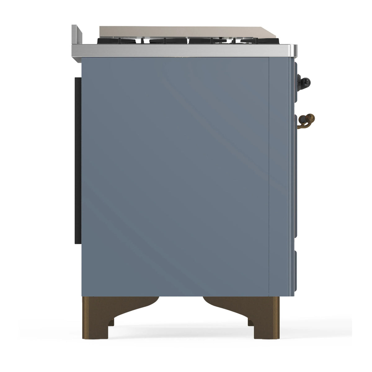 Blue-grey dual fuel range side panel with vented handle and stainless top trim.