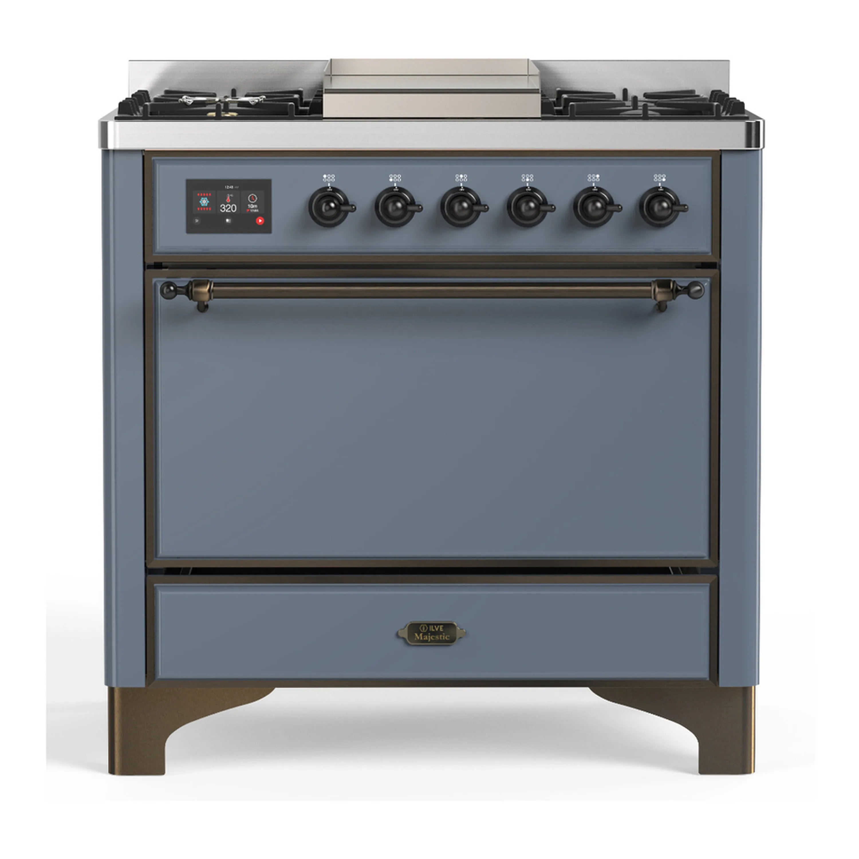 Blue-grey dual fuel range with five black burner knobs and front control panel